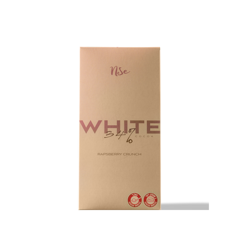 Box of white chocolate with raspberry crunch flavor on a white background